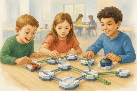 Ferienaktion GraviTrax Kinder spielen mit einem Kugelbahnsystem