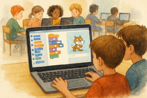 Geschichten werden lebendig - Programmieren mit Scratch Kinder sitzen vor Notebooks und programmieren kleine Geschichten, nachden sie ihre eigenen Hintergründe und Figuren mit Programmen wie Inkscape, Krita oder GIMP erstellt haben.